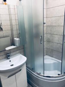 ein Bad mit einer Dusche und einem Waschbecken in der Unterkunft Sweet Home in Dnipro