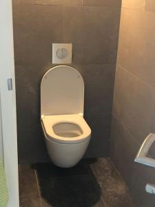 een badkamer met een wit toilet in een stal bij Suite met eigen douche, toilet, kitchenette in Kolhorn