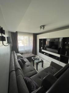 a living room with a couch and a television at Emporium Apartments in Rēzekne