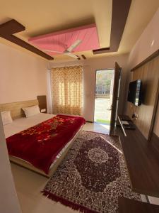 a bedroom with a bed and a television and a rug at Jaigarh Palace Kumbhalgarh in Kumbhalgarh