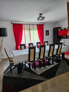 a dining room with a long table and chairs at Casa Alba in Borşa