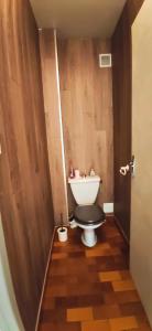 a bathroom with a toilet with a black lid at Spacieux T2 Coeur de Gap in Gap