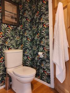 a bathroom with a toilet and a tropical wallpaper at Dibney Rig in Killyleagh