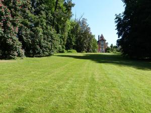 une grande pelouse avec une maison au loin dans l'établissement Manoir remarquable avec son parc, à Chaumes-en-Brie