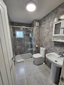 a bathroom with a shower and a toilet and a sink at T & J Motel in Lamberhurst