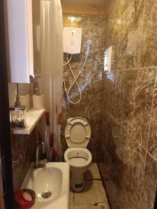 a bathroom with a toilet and a sink and a shower at Saklı serender in Dernekpazarı