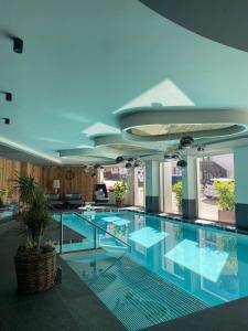 a large swimming pool with blue water in a building at Hotel Letizia in San Martino di Castrozza