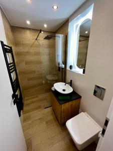 ein Badezimmer mit einem Waschbecken, einem WC und einem Spiegel in der Unterkunft CentralLuxuryAptHotel in Piatra Neamţ