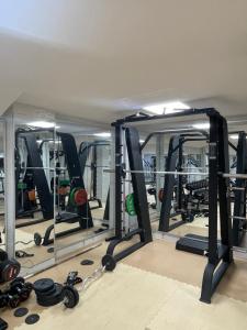 einen Fitnessraum mit mehreren Spiegeln und Laufbändern in der Unterkunft Résidence De Luxe AL Manzah in Al Hoceïma