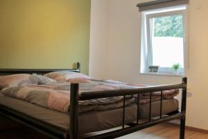 1 cama en un dormitorio con ventana en Ferienwohnung Faber, en Gerolstein
