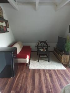 a living room with a red couch and a tv at Schöne Ferienwohnung mit Balkon auch für Handwerker und Monteure in Borsfleth