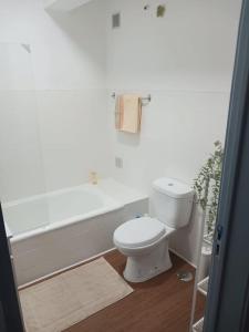 La salle de bains est pourvue de toilettes et d'une baignoire. dans l'établissement Simpático apartamento no centro, à Lisbonne