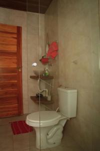 uma casa de banho com um WC e uma parede de vidro em Chale elegante c hidromassagem no Alto Paraiso GO em São Jorge