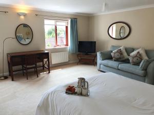 sypialnia z łóżkiem, kanapą i telewizorem w obiekcie Meadow View w mieście Sidmouth