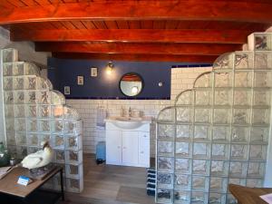 a bathroom with glass block walls and a sink at Angel Caves Farmstay in Vega de San Mateo