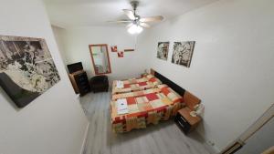 a bedroom with a bed and a ceiling fan at Pensión Pamplonabeds in Pamplona