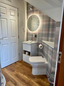 a bathroom with a toilet and a sink and a mirror at 2 Sheraton Apartments in Fort William