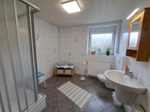 a bathroom with a toilet and a sink and a shower at Ferien im Bergischen in Reichshof 