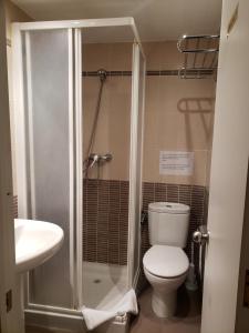 a bathroom with a toilet and a shower and a sink at Pensión Pamplonabeds in Pamplona
