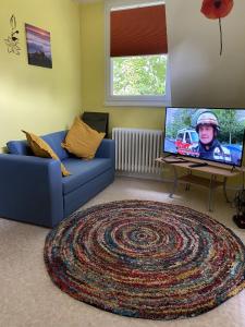 a living room with a blue couch and a rug at Haus Adams - das Wohlfühl Gästehaus in Boppard