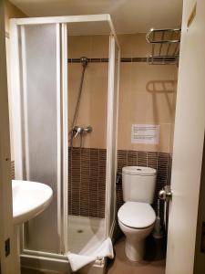 a bathroom with a toilet and a shower and a sink at Pensión Pamplonabeds in Pamplona