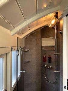 een kleine badkamer met een douche en een douche bij Natuurhuisje Markelo, zeer compleet, met veel luxe in Markelo