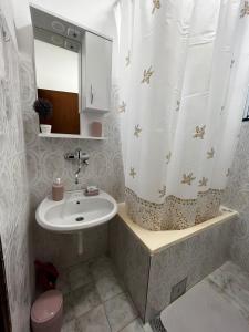 een badkamer met een wastafel en een douchegordijn bij Green place in Bar