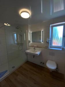 a bathroom with a sink and a shower and a toilet at Zum Hanseaten in Borkum
