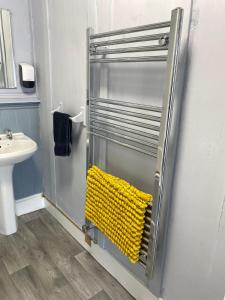 a bathroom with a shower with a yellow towel at The White Horse Crostwick in Norwich