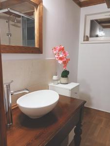 a bathroom with a white bowl sink on a wooden counter at Niezapominajka in Bystrzyca Kłodzka