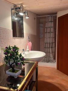 een badkamer met een witte wastafel en een douche bij Appartamento con due camere da letto in Quartu SantʼElena