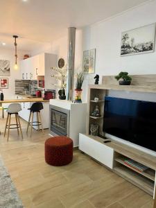 uma sala de estar com uma televisão grande e uma cozinha em Alto do Moinho em Alcobaça