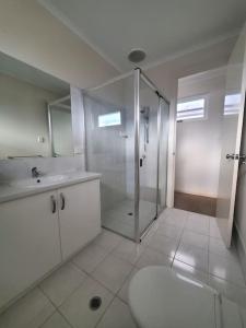 a bathroom with a shower and a toilet and a sink at The Elands in Northfield