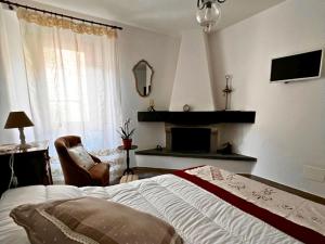 een slaapkamer met een bed en een stoel en een open haard bij Alma BnB in Santa Fiora