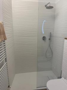 a bathroom with a glass shower with a toilet at Camere in Borgo in Finale Ligure +18 photos