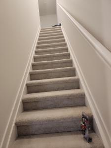 a stairway with a carpeted staircase with a stair case at Cozy, Quiet Shared Room & Home in Watkins
