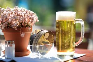 a glass of beer on a table with a plant at DEVA Hotel Alpenglück in Weißbach