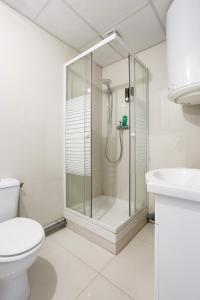 een badkamer met een douche, een toilet en een wastafel bij Le blanc droit 3éme étage droite 23A in Le Blanc-Mesnil