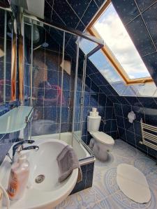 a bathroom with a sink and a toilet and a window at Aparthotel Mikołajki in Mikołajki