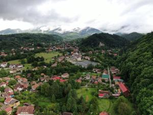 an aerial view of a small town in the mountains at Vila Iulia in Bran