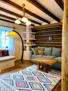 a living room with a couch and a table at Inside, The Village- Bibliotheca in Tunari