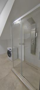 a glass shower in a bathroom with a toilet at Casira Guesthouse in Sînmartin