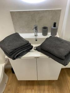 een badkamer met een wastafel en 2 handdoeken bij Ramonville parking netflix in Ramonville-Saint-Agne