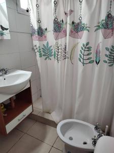 een badkamer met een douchegordijn, een toilet en een wastafel bij DEPARTAMENTO RENATO in Godoy Cruz