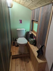 a bathroom with a toilet in a wooden tub at Gîte zen dans les bois in Blésignac