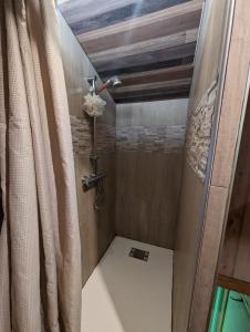 łazienka z prysznicem z zasłoną w obiekcie Gîte zen dans les bois w mieście Blésignac