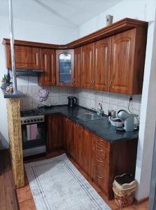 uma pequena cozinha com armários de madeira e um lavatório em Byt v centre mesta Snina em Snina