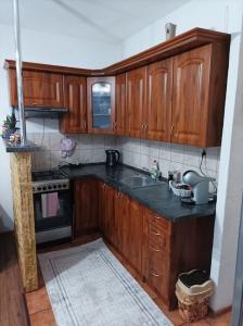 a small kitchen with wooden cabinets and a sink at Byt v centre mesta Snina in Snina