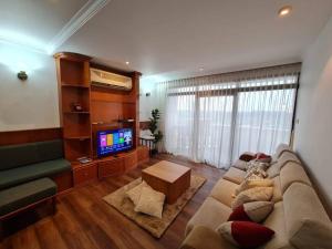 uma sala de estar com um sofá e uma televisão em Lovely Waterfront Riverbank Suite with Pool A2 em Kuching