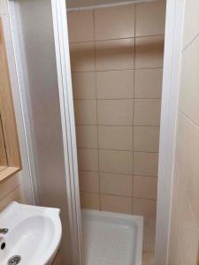 y baño pequeño con lavabo y ducha. en Chatka Góralska w Borkowie, en Borkowo